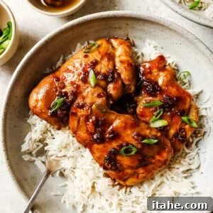 Close-up of honey garlic chicken thighs served over rice in a white bowl.