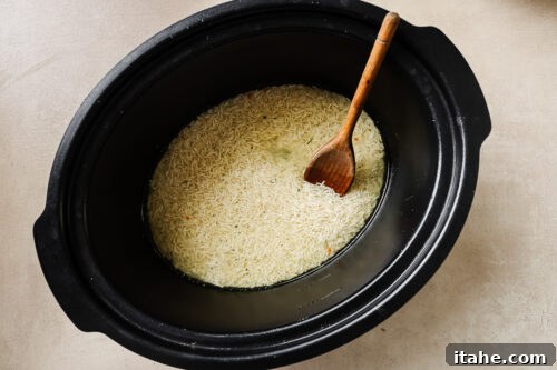 Uncooked long grain white rice and chicken broth mixed in a slow cooker pot.