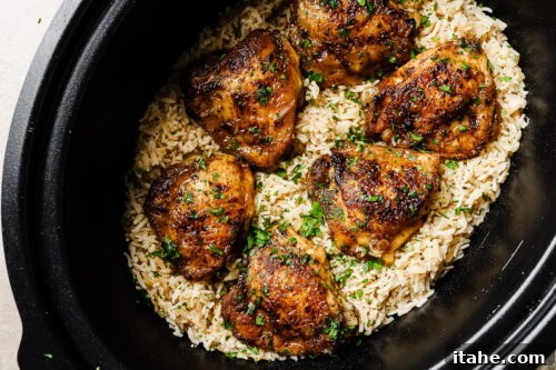 Closeup of cooked chicken and rice, fluffed and ready to serve from the slow cooker bowl.