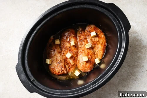 Raw seasoned chicken breasts with cubes of butter on top inside a slow cooker.
