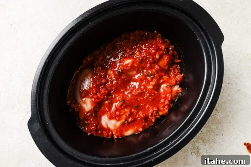Chicken breasts with salsa inside a slow cooker.