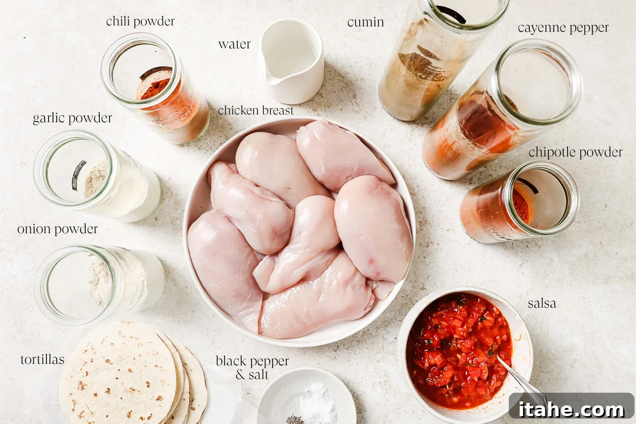 A bowl of raw chicken breasts surrounded by labeled jars of spices, a cup of water, salsa, tortillas, salt, and black pepper—perfect ingredients for making flavorful Slow Cooker Chicken Tacos.