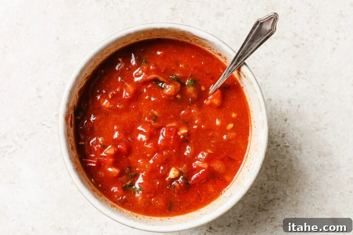 Tomato sauce blended with herbs and spices in a white bowl, ready to cook.