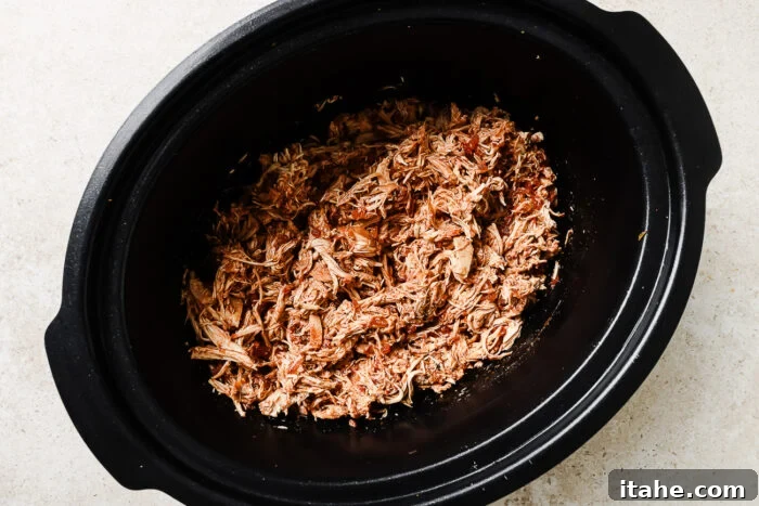 Tender shredded chicken mixed with salsa in a slow cooker.