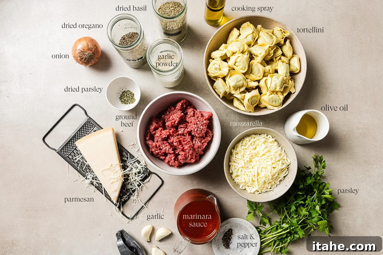 Cheesy Baked Tortellini with Seasoned Ground Beef 3 Ingredients for Baked Tortellini with Ground Beef are arranged on a counter, including tortellini, ground beef, mozzarella, Parmesan, marinara sauce, fresh and dried herbs, onion, garlic, spices, olive oil, and cooking spray.