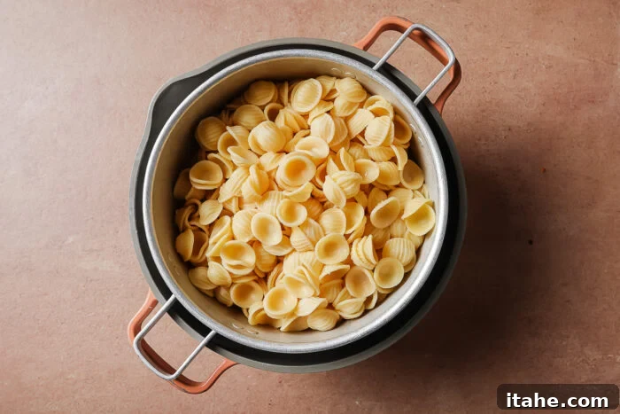 A pot filled with cooked orecchiette pasta sits on a brown countertop, viewed from above.