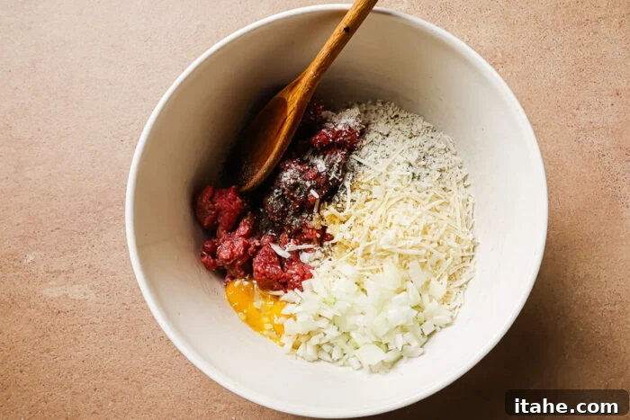 Sticky Honey Garlic Meatballs with Soy Glaze 3 Ingredients in a bowl for making meatballs.