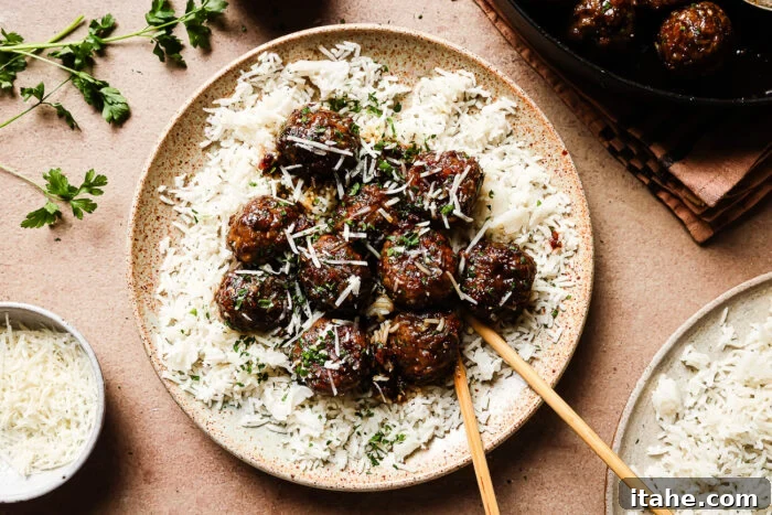 Sticky Honey Garlic Meatballs with Soy Glaze 8 overhead view of honey garlic meatballs on a plate
