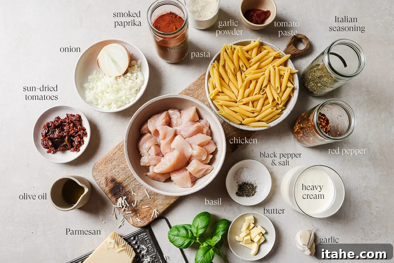 Creamy Marry Me Chicken Pasta Recipe 3 Ingredients for a Marry Me Chicken Pasta are arranged on a counter, including diced chicken, penne, cream, parmesan, herbs, spices, sun-dried tomatoes, onion, olive oil, butter, and garlic. Labels identify each ingredient.